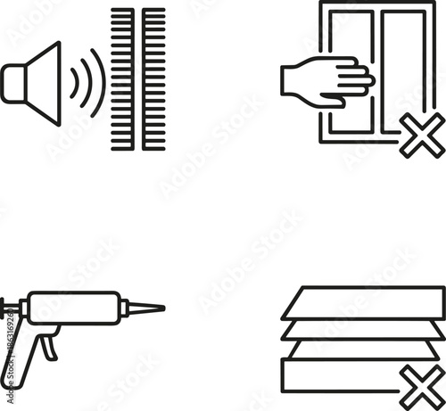Acoustic soundproofing and construction safety icon set featuring noise barriers, caulking tools, and warning symbols for home renovation.
