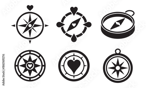 Collection of Compass Icons with Heart Motifs for Love Direction and Navigation Concepts