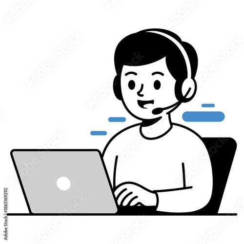 Support agent wearing a headset works diligently on a personal computer for customer.