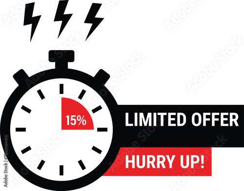 Limited offer countdown banner with stopwatch icon, fifteen percent discount urgency concept, hurry up sale, minimal marketing vector
