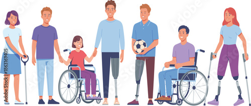 Group of diverse people with disabilities using wheelchairs, prosthetic limbs and crutches, inclusive community vector illustration