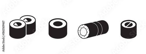 Minimalist Sushi Roll Maki Icons in Different Angles for Japanese Cuisine Design