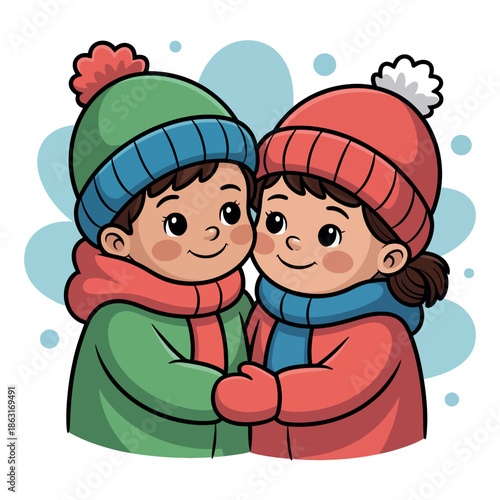 Two cartoon children wearing winter hats and scarves embrace warmly during cold.