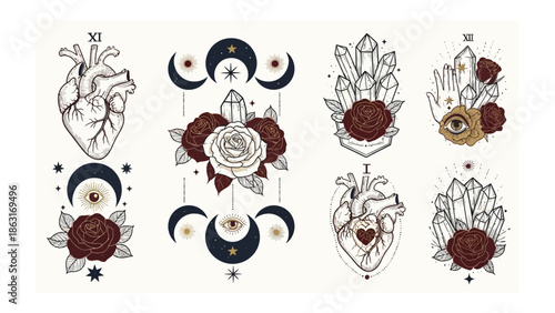 Mystical Medley: Intricate illustrations, harmoniously combining symbolic heart, floral, and crystalline elements, forming an captivating representation of esoteric design.