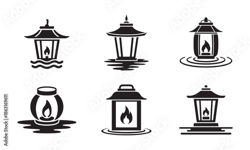 Floating Water Lantern Icons with Candle Flames for Toro Nagashi Ceremony and Festivals