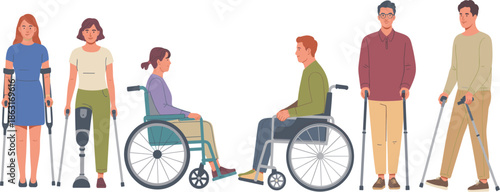 Group of people with physical disabilities using wheelchairs, crutches and prosthetic leg limbs, inclusive community, vector