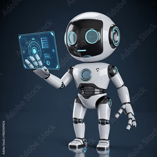 A cute 3d render of a futuristic blue screen robot android character with mechanical arms designed as a funny plastic toy cyborg illustration for modern artificial intelligence technology