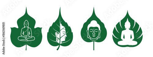 Buddha Silhouettes in Meditation Poses Integrated into Green Bodhi Tree Leaf Designs
