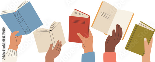 Set of diverse hands holding open books, reading and education concept vector illustration isolated on white