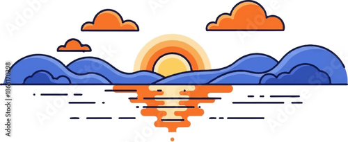 Stylized sunrise over rolling blue waves and orange clouds, reflected in water