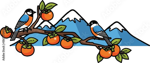 Two birds perch on a branch with persimmons, with snow-capped mountains behind them