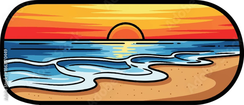 Stylized sunset over ocean waves on sandy beach