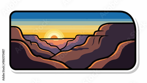 Stylized sunset over vast canyons, depicting layers of rock and a vibrant sky