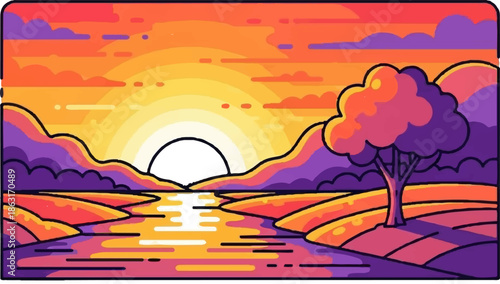 Stylized sunset over water with hills and a tree