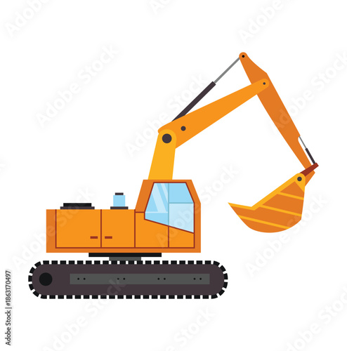 Orange excavator with a raised bucket construction