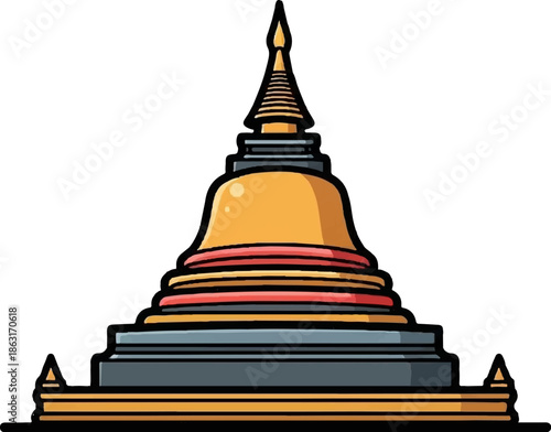 Stylized tiered golden stupa with grey and red accents, set on a tiered base