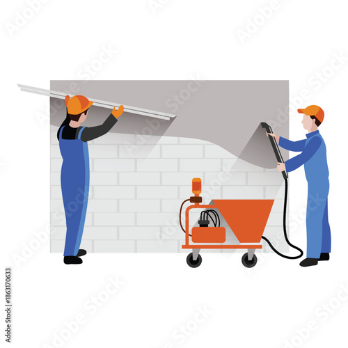 Workers plastering wall with machine and trowel construction