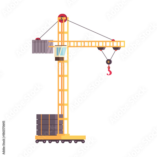 Yellow construction tower crane with weights and hook