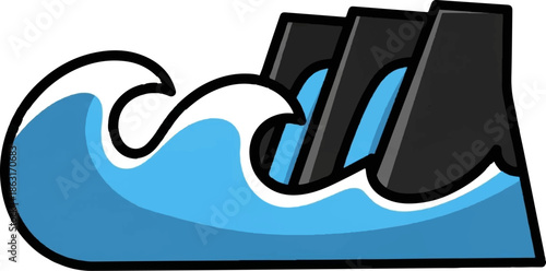 Stylized illustration depicting blue waves flowing past a series of black, dam-like structures