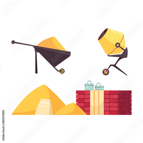Construction materials including wheelbarrow cement mixer and bricks