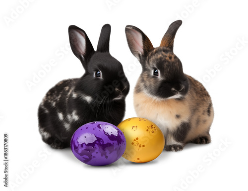 Wallpaper Mural Two Cute Easter Bunnies with Decorated Purple and Yellow Eggs Isolated on Transparent Background Torontodigital.ca