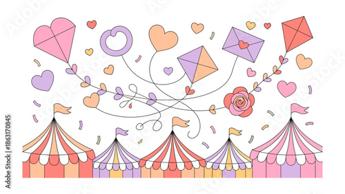 Love Carnival: An enchanting scene of whimsical kite, hearts and rose floating in the sky above the tents, filled with charm and romance.