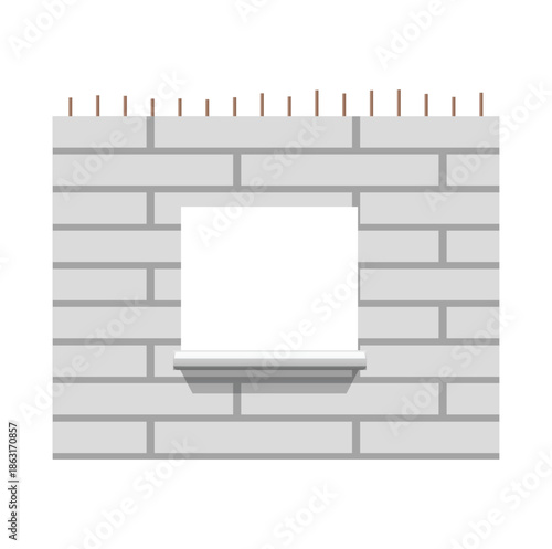Light gray brick wall with a white window opening construction