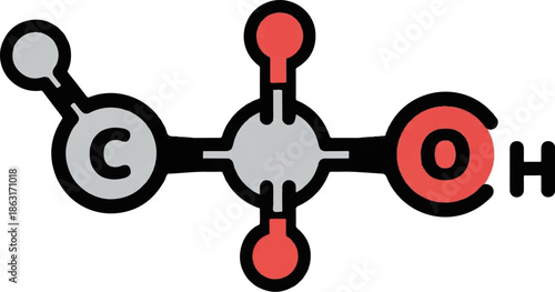 Stylized illustration of a chemical molecule with grey carbon and red oxygen atoms connected by black bonds
