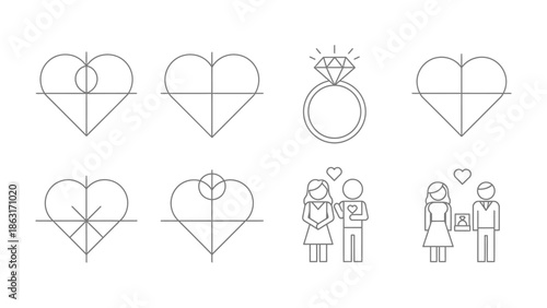 Love and Proposal: Delicate line art outlines heart shapes, a dazzling diamond ring, and the tender moments of a couple, all symbolizing the promise of love and the beauty of proposals.