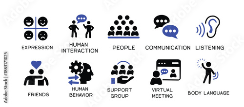 Human interaction icon set. Communication, people, connection, friends, chat, bonding, socializing, group, relationship and more. Solid vector icons collection.
