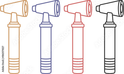 Medical otoscope icon set featuring colorful line art illustrations for ear examinations, audiology, and primary care health checkups.