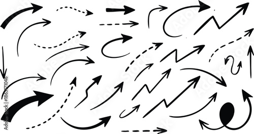Set of simple lines hand drawn black arrows in various style. Set of simple of hand drawn black arrows. Set of simple lines hand drawn black arrows. Various of simple lines arrows collection