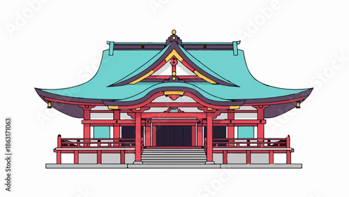 Stylized traditional Japanese temple with tiered turquoise roof and red structure