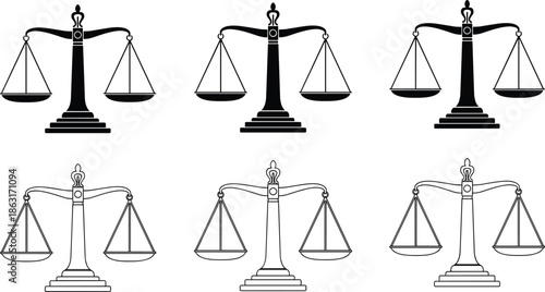 Set of scales of justice icons, black silhouette and outline styles, symbolizing law, balance, fair trial, and legal court system, vector illustration.