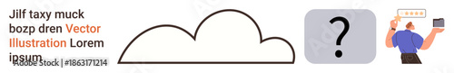 Cloud technology, data storage, online interactions, digital questions, IT services, and remote accessibility. Cloud icon with a question mark and a user holding a device. Cloud technology and data