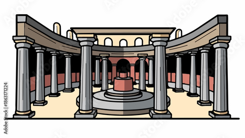 Stylized cartoon illustration of a classical architectural structure with columns and a central fountain inside
