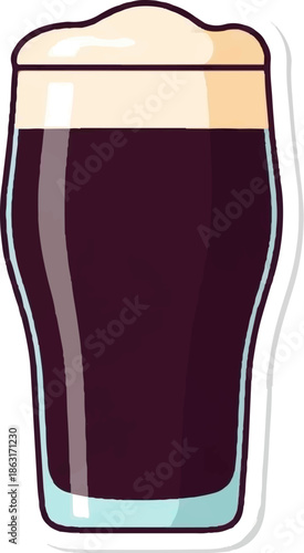 Stylized cartoon illustration of a dark beer pint glass with a frothy, cream-colored head