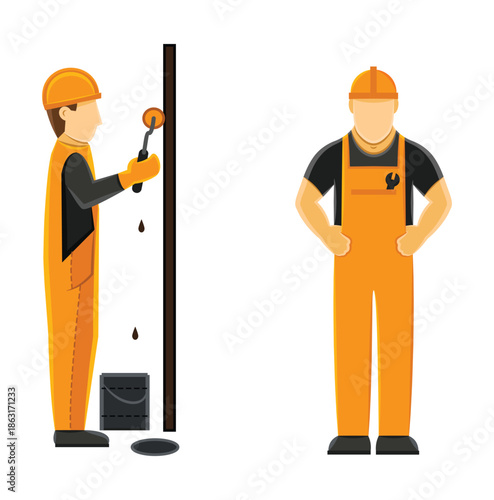 Two construction workers painting a wall and standing