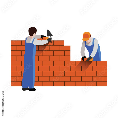 Two construction workers building a brick wall vector
