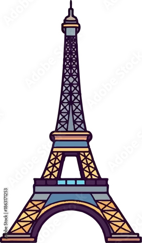 Stylized cartoon icon of a famous Parisian tower, rendered in a flat design aesthetic