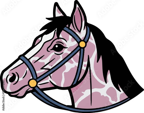 Stylized cartoon horse head with a pink and white speckled coat, black mane, and blue bridle with gold