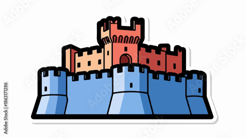 Stylized cartoon fortress sticker with blue walls, red-orange towers, thick outline, and grey shadow