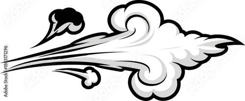 Stylized cartoon graphic depicting a dynamic burst of wind, smoke, or speed in white, black, and grey