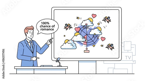 Romance Forecast: A charismatic presenter unveils a romantic weather forecast, with playful elements such as clouds and cupids, forecasting a 100% chance of romance. 