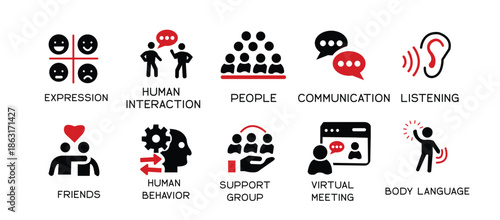 Human interaction icon set. Communication, people, connection, friends, chat, bonding, socializing, group, relationship and more. Solid vector icons collection.