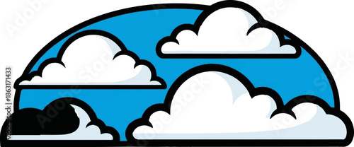 Stylized cartoon clouds float against a bright blue sky within a curved frame