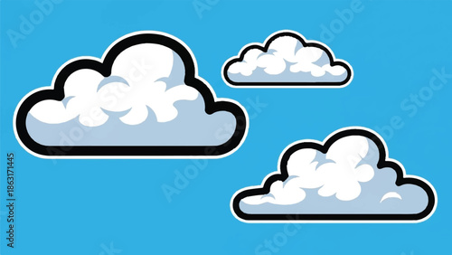 Stylized cartoon clouds float against a bright blue sky