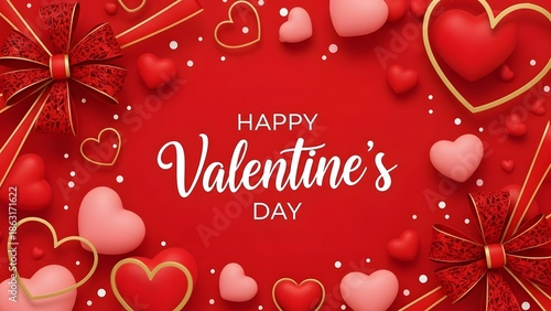 Happy Valentine's Day with Red Hearts and Ribbons valentines day