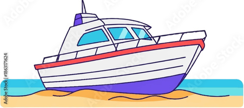 Stylized cartoon boat, white with red and purple details, beached on sand with blue water