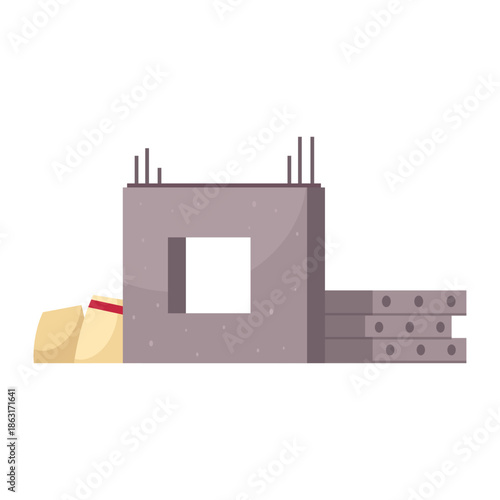 Construction site foundation with sandbags and concrete blocks